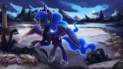 Size: 1280x721 | Tagged: safe, artist:artpaca, princess luna, alicorn, crab, pony, g4, blue mane, blue tail, cloud, commission, crown, cute, digital art, eyelashes, eyeshadow, feather, female, flowing mane, flowing tail, hoof shoes, horn, ice, jewelry, lake, lidded eyes, light, lighthouse, makeup, mare, moon, mountain, plant, raised hoof, regalia, rock, signature, sky, snow, solo, spread wings, stars, tail, water, wings
