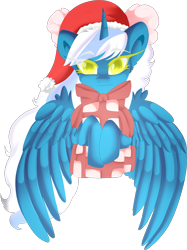 Size: 1182x1580 | Tagged: safe, artist:sakimiaji, oc, oc only, oc:fleurbelle, alicorn, pony, alicorn oc, bow, christmas, female, hair bow, hat, holiday, horn, mare, present, santa hat, simple background, solo, transparent background, wings, yellow eyes