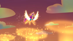 Size: 3072x1727 | Tagged: safe, screencap, sunny starscout, alicorn, pony, firework-ing together, g5, my little pony: tell your tale, spoiler:g5, spoiler:my little pony: tell your tale, spoiler:tyts01e42, female, flying, glowing, glowing horn, high res, horn, mane stripe sunny, mare, open mouth, open smile, race swap, smiling, solo, spread wings, sunnycorn, wings, youtube link