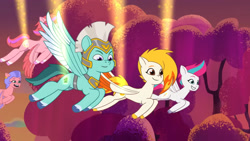 Size: 3072x1727 | Tagged: safe, screencap, flare (g5), thunder flap, windy, zipp storm, pegasus, pony, firework-ing together, g5, my little pony: tell your tale, spoiler:g5, spoiler:my little pony: tell your tale, spoiler:tyts01e42, female, flying, frown, high res, male, mare, pegasus royal guard, royal guard, smiling, spread wings, stallion, wings, youtube link