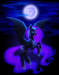 Size: 1699x2168 | Tagged: safe, artist:nintheclipse, nightmare moon, alicorn, pony, g4, bat wings, blue eyes, blue mane, blue tail, crepuscular rays, digital art, ear fluff, eyeshadow, fangs, feather, female, flowing mane, flowing tail, flying, grin, helmet, hoof shoes, horn, hybrid wings, lidded eyes, looking at you, makeup, mare, moon, moonlight, night, night sky, nightmare night, peytral, signature, sky, smiling, smiling at you, solo, spread wings, stars, tail, teeth, watermark, wings