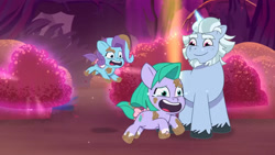 Size: 3072x1727 | Tagged: safe, screencap, alphabittle blossomforth, glory (g5), seashell (g5), earth pony, pegasus, pony, unicorn, firework-ing together, g5, my little pony: tell your tale, spoiler:g5, spoiler:my little pony: tell your tale, crying, female, filly, foal, high res, male, mud, open mouth, open smile, pippsqueaks, running, smiling, stallion, tears of joy, trio, youtube link