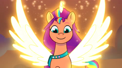 Size: 3072x1727 | Tagged: safe, screencap, sunny starscout, alicorn, pony, firework-ing together, g5, my little pony: tell your tale, spoiler:g5, spoiler:my little pony: tell your tale, spoiler:tyts01e42, cute, female, flying, glowing, glowing horn, high res, horn, mane stripe sunny, mare, race swap, smiling, solo, spread wings, sunnybetes, sunnycorn, wings, youtube link