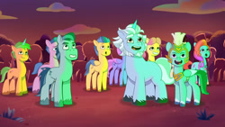Size: 3072x1727 | Tagged: safe, screencap, alphabittle blossomforth, cherry prancer, grassy hills, jazz hooves, lemon gear, nightracer, posey bloom, rocky riff, rufus, thunder flap, earth pony, pegasus, pony, unicorn, firework-ing together, g5, my little pony: tell your tale, spoiler:g5, spoiler:my little pony: tell your tale, spoiler:tyts01e42, :o, female, grin, high res, male, mare, open mouth, open smile, pegasus royal guard, royal guard, smiling, stallion, unnamed character, unnamed pony, youtube link