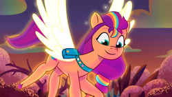 Size: 3072x1727 | Tagged: safe, screencap, sunny starscout, alicorn, pony, firework-ing together, g5, my little pony: tell your tale, spoiler:g5, spoiler:my little pony: tell your tale, spoiler:tyts01e42, female, flying, glowing, glowing horn, high res, horn, mane stripe sunny, mare, race swap, smiling, solo, spread wings, sunnycorn, wings, youtube link