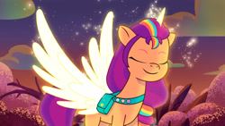 Size: 3072x1727 | Tagged: safe, screencap, sunny starscout, alicorn, pony, firework-ing together, g5, my little pony: tell your tale, spoiler:g5, spoiler:my little pony: tell your tale, spoiler:tyts01e42, eyes closed, female, glowing, glowing horn, high res, horn, mane stripe sunny, mare, race swap, smiling, solo, spread wings, sunnycorn, wings, youtube link