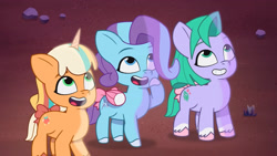 Size: 3072x1727 | Tagged: safe, screencap, glory (g5), peach fizz, seashell (g5), earth pony, pegasus, pony, unicorn, firework-ing together, g5, my little pony: tell your tale, spoiler:g5, spoiler:my little pony: tell your tale, spoiler:tyts01e42, adoraglory, adorapeach, adoraseashell, female, filly, foal, grin, high res, open mouth, open smile, pippsqueak trio, pippsqueaks, smiling, trio, trio female, youtube link