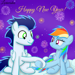 Size: 1300x1300 | Tagged: safe, artist:mlplary6, rainbow dash, soarin', pegasus, pony, g4, boyfriend and girlfriend, female, fireworks, happy new year, happy new year 2023, holding hooves, holiday, looking at each other, looking at someone, male, mare, ship:soarindash, shipping, smiling, smiling at each other, stallion, straight