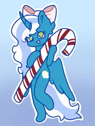 Size: 768x1024 | Tagged: safe, artist:racheldragon21, oc, oc only, oc:fleurbelle, alicorn, semi-anthro, :d, alicorn oc, arm hooves, bow, candy, candy cane, christmas, female, food, hair bow, happy, holiday, horn, mare, open mouth, open smile, simple background, smiling, solo, wings, yellow eyes