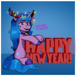 Size: 2000x2000 | Tagged: safe, artist:oldman, izzy moonbow, pony, unicorn, g5, antlers, blue background, bracelet, christmas, christmas lights, female, friendship bracelet, happy new year, high res, holiday, jewelry, mare, simple background, solo, unshorn fetlocks