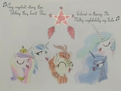 Size: 4160x3120 | Tagged: safe, artist:don2602, autumn blaze, princess cadance, princess celestia, princess luna, shining armor, alicorn, kirin, pony, unicorn, comic:star of christmas, g4, abs cbn all star, crown, eyes closed, filipino, jewelry, lantern, looking at someone, necklace, regalia, singing, song reference, traditional art, translated in the description