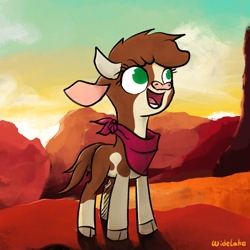 Size: 3000x3000 | Tagged: safe, artist:widelake, arizona (tfh), cow, them's fightin' herds, bandana, cloven hooves, community related, desert, female, high res, open mouth, open smile, smiling, solo, sunset