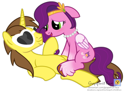 Size: 1920x1436 | Tagged: safe, artist:grapefruit-face, pipp petals, oc, oc:grapefruit face, pegasus, pony, unicorn, g5, accessory swap, backwards cutie mark, blushing, canon x oc, female, grapepipp, happy, hoof on chin, jewelry, looking at each other, looking at someone, male, necklace, shipping, signature, simple background, straight, sunglasses, transparent background