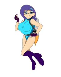 Size: 795x1005 | Tagged: safe, artist:danielwolfearts, artist:holdenwolfart, rarity, human, g4, big breasts, breasts, busty rarity, clothes, floating, flying, hand on hip, humanized, jetpack, leotard, looking at you, simple background, smiling