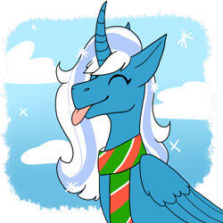 Size: 2000x2000 | Tagged: safe, artist:penultimate-wishes, oc, oc only, oc:fleurbelle, alicorn, pony, alicorn oc, bust, catching snowflakes, clothes, cloud, curved horn, eyes closed, female, folded wings, happy, high res, horn, mare, partial background, scarf, simple background, sky, snow, snowfall, snowflake, solo, tongue out, transparent background, wings