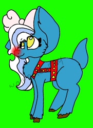 Size: 1064x1471 | Tagged: safe, artist:wolfpride1234, oc, oc only, oc:fleurbelle, deer, reindeer, bow, christmas, female, green background, hair bow, happy, harness, holiday, red nose, simple background, smiling, solo, species swap, tack, watermark, yellow eyes