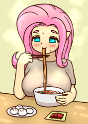Size: 2508x3541 | Tagged: safe, artist:sigpi, fluttershy, anthro, g4, blushing, breasts, busty fluttershy, chopsticks, eating, female, food, high res, noodles, ramen, solo, sweat