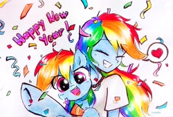 Size: 2555x1725 | Tagged: safe, artist:liaaqila, rainbow dash, human, pegasus, pony, equestria girls, g4, confetti, cute, dashabetes, duality, duo, duo female, eyes closed, female, grin, happy new year, heart, high res, holiday, human ponidox, mare, open mouth, open smile, self paradox, self ponidox, signature, simple background, smiling, speech bubble, traditional art, underhoof, white background