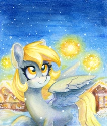 Size: 1100x1295 | Tagged: safe, artist:maytee, derpy hooves, pegasus, pony, g4, night, snow, solo, traditional art, winter