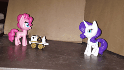 Size: 640x360 | Tagged: safe, artist:dex stewart, pinkie pie, rarity, earth pony, pony, unicorn, g4, animated, balloonbutt, butt, gif, glowing, glowing horn, horn, magic, magic aura, playing, plot, stop motion, thomas and friends minis, thomas the tank engine, train