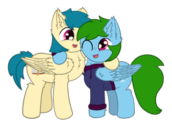 Size: 2500x1786 | Tagged: safe, artist:fliegerfausttop47, artist:sweetielover, oc, oc only, oc:icy, oc:vel, pegasus, pony, 2023 community collab, derpibooru community collaboration, blue mane, cheek fluff, chest fluff, clothes, couple, cute, daaaaaaaaaaaw, duo, duo male, ear fluff, female, fluffy, green mane, green tail, happy, hoof fluff, hug, leg fluff, magenta eyes, male, pegasus oc, simple background, smiling, straight, tail, transparent background, wing fluff, wings