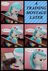 Size: 2160x3240 | Tagged: safe, artist:elisdoominika, artist:the luna fan, derpibooru exclusive, part of a set, oc, oc only, oc:sweet elis, pony, 3d, beans, blender, blender cycles, clothes, comic, cookie, floor, food, headband, high res, part of a series, peace sign, pencil, sitting, smiling, socks, solo, speech bubble, striped socks, table, text
