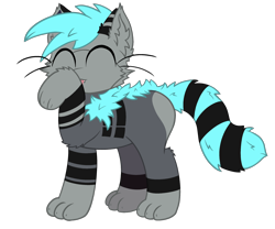 Size: 2200x1833 | Tagged: safe, artist:fliegerfausttop47, artist:sweetielover, oc, oc only, oc:cryosky, cat, cat pony, original species, 2023 community collab, derpibooru community collaboration, behaving like a cat, blue mane, cheek fluff, cute, daaaaaaaaaaaw, ear fluff, eyes closed, fluffy, fluffy tail, happy, hoof fluff, leg fluff, licking, paw licking, paws, shoulder fluff, simple background, solo, tail, tail fluff, tongue out, transparent background, whiskers