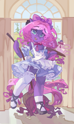 Size: 3265x5471 | Tagged: safe, artist:saxopi, oc, oc only, oc:lillybit, earth pony, semi-anthro, adorkable, arm hooves, bow, clothes, commission, cute, dork, earth pony oc, gaming headset, headphones, headset, maid, platter, ribbon, smiling, stockings, thigh highs