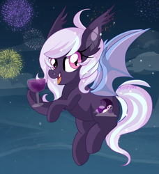 Size: 2327x2552 | Tagged: safe, artist:spookyle, oc, oc only, oc:spectra, bat pony, pony, bat pony oc, female, fireworks, flying, glass, high res, looking at you, mare, night, open mouth, solo, spread wings, wine glass, wings