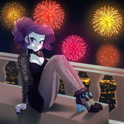 Size: 800x800 | Tagged: safe, artist:riouku, rarity, human, equestria girls, g4, 2023, balcony, beautiful, blushing, choker, clothes, cute, dress, ear piercing, earring, eyeshadow, female, fireworks, happy new year, happy new year 2023, high heels, holiday, jewelry, lace, lipstick, looking at you, makeup, nail polish, new year, night, piercing, raribetes, shoes, solo, stockings, thigh highs