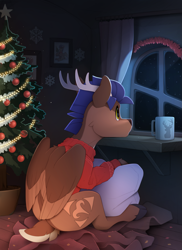 Size: 1743x2400 | Tagged: safe, artist:yakovlev-vad, oc, oc only, oc:arny, deer, deer pony, original species, peryton, christmas, christmas tree, cute, holiday, lacrimal caruncle, pillow, solo, tree, window