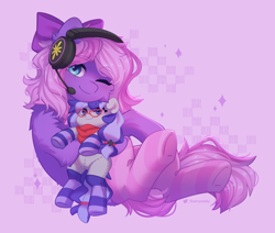 Size: 2272x1930 | Tagged: safe, artist:floweryoutoday, oc, oc only, oc:cinnabyte, oc:lillybit, earth pony, pony, adorkable, bow, clothes, cute, dork, earth pony oc, gaming headset, headphones, headset, plushie, ribbon, scarf, smiling, snow, socks, striped socks