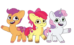 Size: 1950x1200 | Tagged: safe, artist:prixy05, apple bloom, scootaloo, sweetie belle, earth pony, pegasus, pony, unicorn, g4, g5, my little pony: tell your tale, cutie mark crusaders, female, filly, foal, g4 to g5, generation leap, open mouth, open smile, simple background, smiling, transparent background, trio, trio female, vector