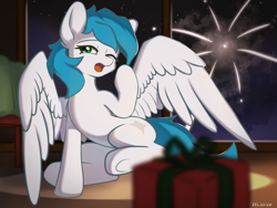 Size: 3200x2400 | Tagged: safe, artist:zylgchs, oc, oc only, oc:cynosura, pegasus, pony, fireworks, high res, holiday, pegasus oc, present, sitting, solo, spread wings, window, wings, yawn