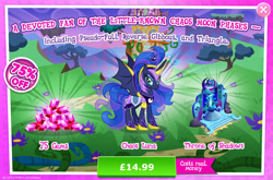 Size: 1962x1298 | Tagged: safe, gameloft, princess luna, alicorn, bat pony, bat pony alicorn, pony, g4, my little pony: magic princess, advertisement, armor, bat ponified, bat wings, bush, chaos, costs real money, crown, english, female, gem, horn, introduction card, jewelry, lunabat, mare, mobile game, numbers, race swap, regalia, sale, solo, spread wings, text, throne, torch, wings