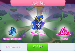 Size: 1262x856 | Tagged: safe, gameloft, princess luna, alicorn, pony, g4, my little pony: magic princess, armor, bat wings, bundle, bush, chaos, costs real money, crown, english, epic set, female, gem, horn, jewelry, mare, mobile game, numbers, regalia, sale, solo, spread wings, text, throne, torch, wings