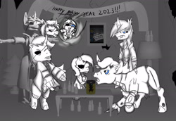 Size: 2480x1709 | Tagged: safe, artist:damset, oc, oc only, oc:da-mset, changeling, g1, g2, g3, g3.5, g4, 3d, cider, cloak, clothes, destruction, drunk, happy new year, happy new year 2023, holiday, monochrome, one eyed, party, pony in a bottle, squatpony, t pose, warp-zone