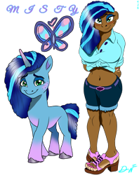 Size: 2248x2840 | Tagged: safe, artist:holdenwolfart, misty brightdawn, human, pony, unicorn, g5, blushing, clothes, dark skin, do not steal, fake cutie mark, front knot midriff, high res, midriff, shorts, simple background, smiling, transparent background