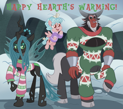 Size: 1825x1623 | Tagged: safe, artist:itoruna-the-platypus, cozy glow, lord tirek, queen chrysalis, centaur, changeling, changeling queen, pegasus, pony, taur, g4, boob window, bracer, christmas changeling, christmas sweater, clothes, cloven hooves, female, filly, flying, foal, hearth's warming, legion of doom, male, nose piercing, nose ring, piercing, snow, sweater
