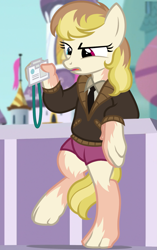 Size: 1031x1642 | Tagged: safe, artist:anonymous, march gustysnows, earth pony, human, pony, g4, /ptfg/, bipedal, bipedal leaning, canterlot, clothes, female, heterochromia, human to pony, id card, lanyard, leaning, light skin, mare, mid-transformation, open mouth, show accurate, solo, transformation