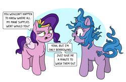 Size: 4068x2672 | Tagged: safe, artist:doodledonutart, izzy moonbow, pipp petals, pegasus, pony, unicorn, g5, alternate hairstyle, butt, izzy being izzy, messy mane, pipp petals is not amused, plot, silly, silly pony, simple background, speech bubble, unamused, white background