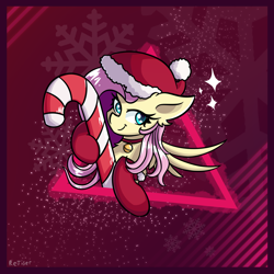 Size: 1800x1800 | Tagged: safe, artist:rejiser, fluttershy, pegasus, pony, g4, abstract background, bell, bell collar, candy, candy cane, christmas, clothes, collar, female, food, hat, holiday, mare, santa hat, solo, sparkles, stockings, thigh highs
