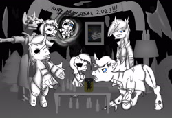 Size: 2480x1709 | Tagged: safe, artist:damset, oc, oc only, oc:da-mset, changeling, undead, g1, g2, g3, g3.5, g4, 3d, cider, cloak, clothes, destruction, drunk, dust changelings, eyepatch, happy new year, happy new year 2023, holiday, monochrome, one eyed, party, pony in a bottle, squatpony, t pose, void, warp-zone