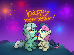 Size: 3548x2619 | Tagged: safe, artist:background basset, bon bon, lyra heartstrings, sweetie drops, earth pony, pony, unicorn, g4, duo, duo female, female, fireworks, glass, grass, grass field, happy new year, high res, holiday, open mouth, text