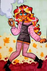 Size: 891x1344 | Tagged: safe, artist:jackytheripperart, sunset shimmer, human, equestria girls, g4, boots, clothes, coffee, leaves, looking at you, shoes, smiling, socks, solo