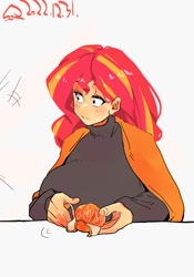 Size: 1400x2000 | Tagged: safe, artist:sozglitch, sunset shimmer, human, g4, big breasts, breasts, busty sunset shimmer, clothes, food, fruit, huge breasts, humanized, looking away, orange, peel, simple background, solo, turtleneck, white background