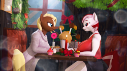 Size: 3840x2160 | Tagged: safe, artist:silkworm205, oc, oc only, oc:jessica, oc:melody, anthro, 3d, bedroom eyes, big breasts, breasts, breasts on table, cake, candle, candlelight dinner, christmas, christmas decoration, christmas tree, clothes, colored eyebrows, cupcake, date, date night, denim, diner, duo, duo female, female, flower, food, high res, holding hands, holiday, jeans, looking into each others eyes, milkshake, nexgen, oc x oc, pants, present, revamped anthros, romantic, shared drink, sharing a drink, shipping, shorts, straw, sweater dress, tank top, tree, window