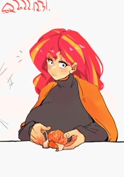 Size: 1400x2000 | Tagged: safe, artist:sozglitch, sunset shimmer, human, g4, big breasts, breasts, busty sunset shimmer, clothes, emanata, food, fruit, huge breasts, humanized, looking at you, orange, peel, simple background, solo, turtleneck, white background