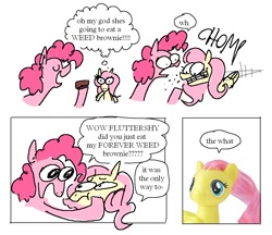Size: 928x801 | Tagged: safe, artist:punkittdev, fluttershy, pinkie pie, earth pony, pegasus, pony, g4, brownie, chomp, comic, dialogue, drugs, dudeweed, duo, eating, female, forever weed brownie, horsecomix, mare, marijuana, speech bubble, thought bubble, toy, wat