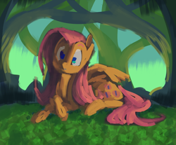 Size: 5400x4461 | Tagged: safe, artist:docwario, fluttershy, pegasus, pony, g4, absurd resolution, crossed hooves, female, forest, head tilt, looking at you, lying down, mare, outdoors, partially open wings, prone, sketch, solo, tree, wings